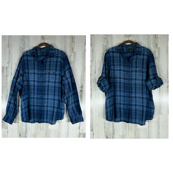Lauren Ralph Lauren LRL Button Up Shirt Large Linen Blue Plaid Linen Roll Tab - Picture 1 of 10